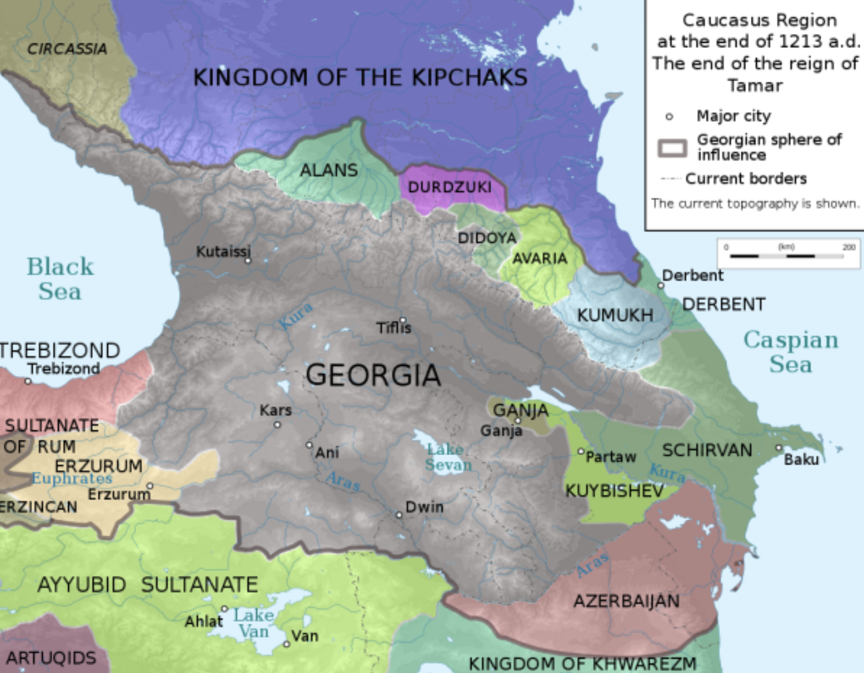 Map of the Kingdom of Georgia during its peak under Queen Tamar